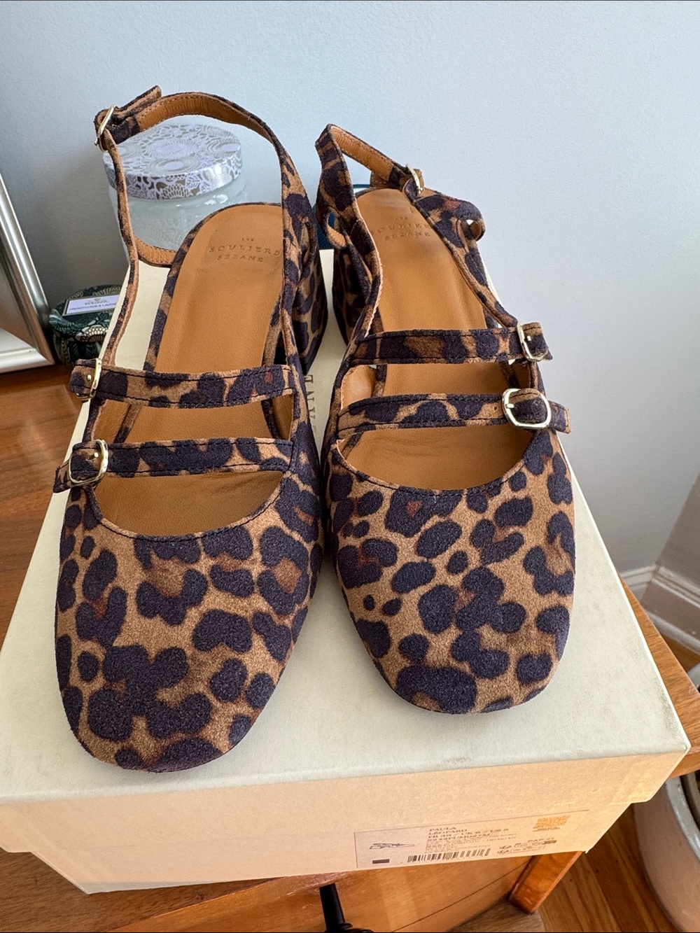 Sezane Leopard Print Double-Buckle Mary-Jane Block Heels in Brown